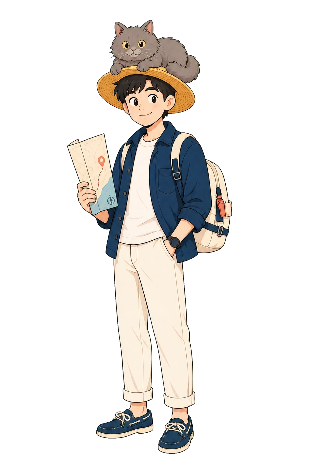 原创卡通航海人物手持地图，露露自然坐在旅行帽上